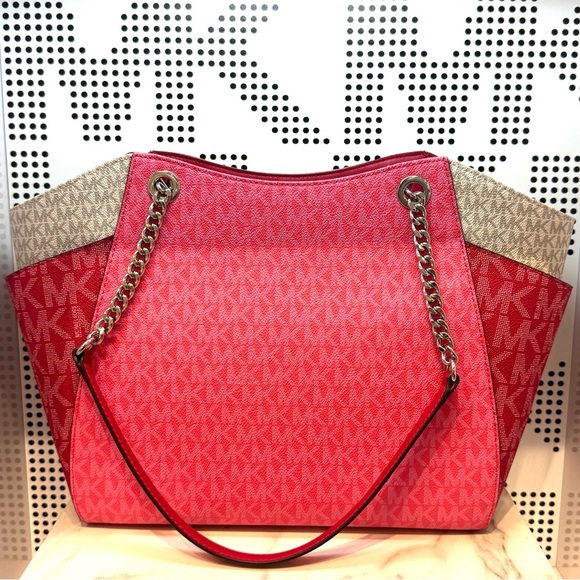 Michael Kors Jet Set LG Color-Block Signature Logo Shoulder Bag Dark Rasberry - Picture 7 of 11